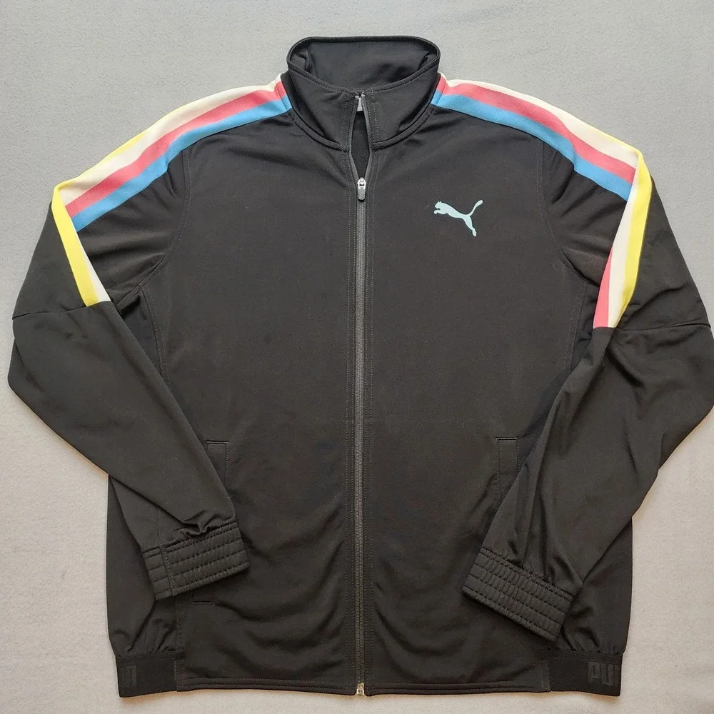 PUMA Mens Large Black Track Jacket Multicolor Stripe Full Zip Retro Athletic y2k